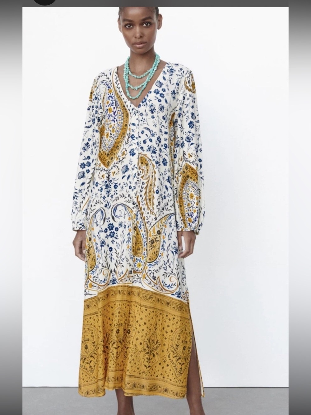 Zara White & Mustard Paisley flora tunic caftan Maxi long sleeve Dress M